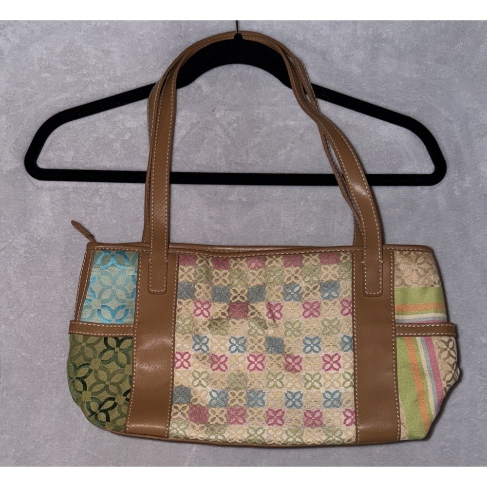 Relic by Fossil Canvas Multicolor Filagree Patchwork Tote Bag, Faux Leather Trim